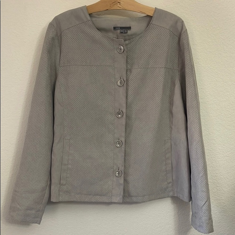 Vince Women Grey Perforated Wool Blend Collarless Button Front Jacket XXS
